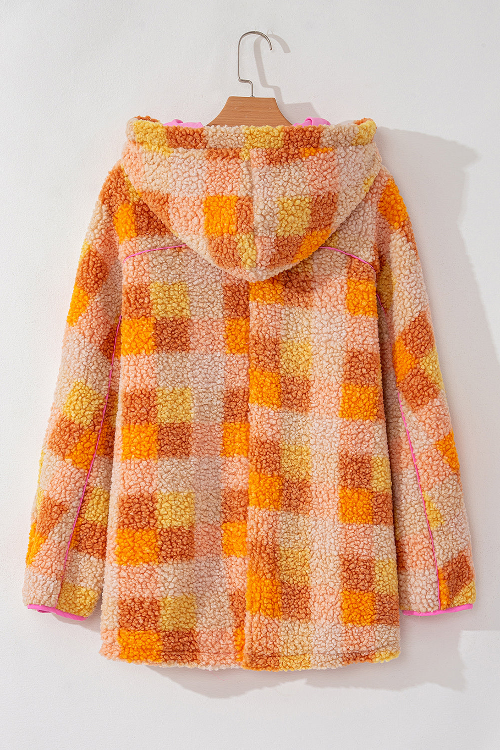 Orange & Yellow Checkered Sherpa Snap Up Pink Lined Hooded Jacket