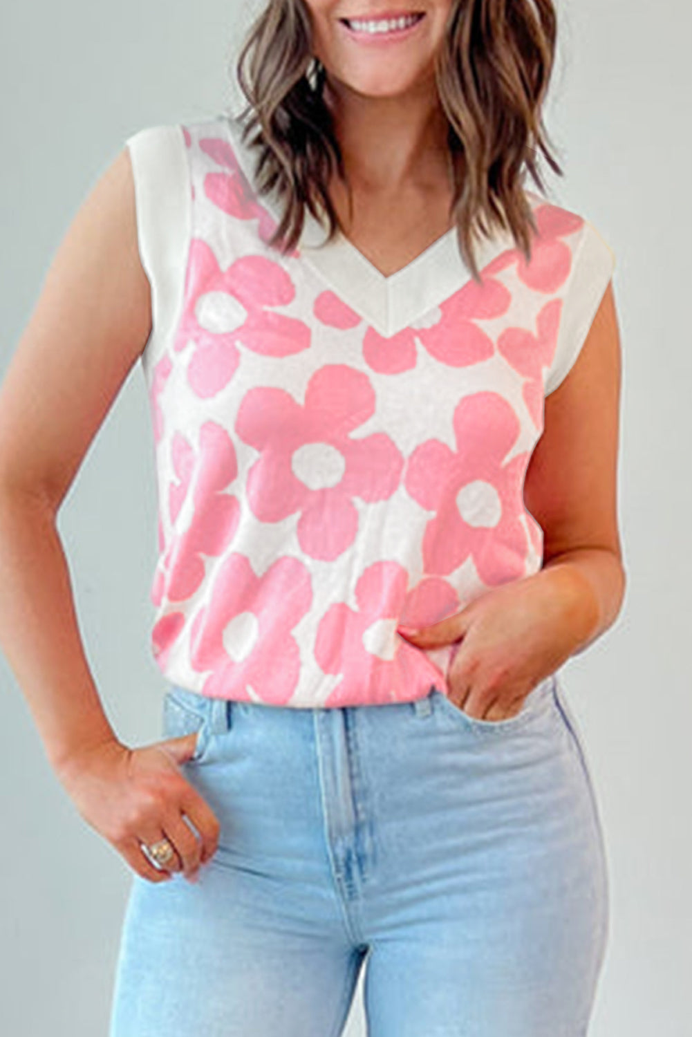 Pink Cute Flower V-Neck Knit Tank Top