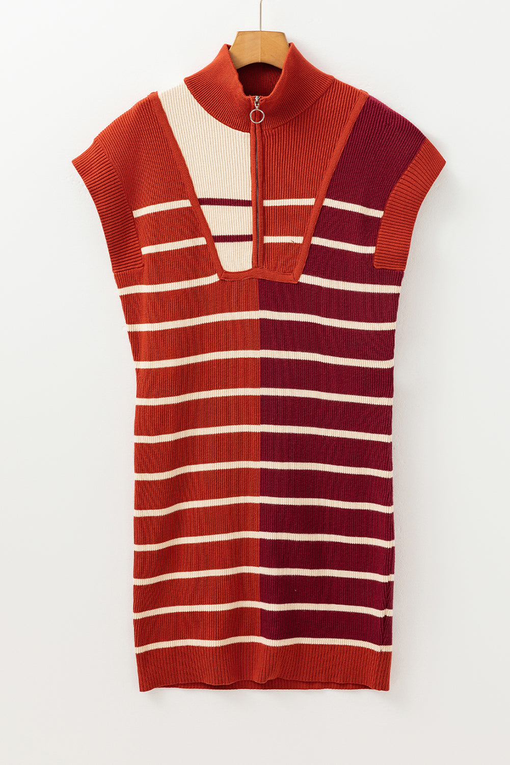 Rust Burgundy Stripe Color Block Quarter Zip Knit Sweater Dress