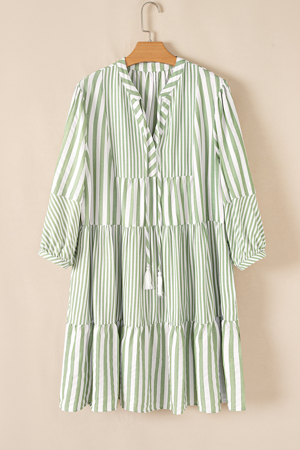 Sage Green Stripe Tasseled Tied V-Neck Tiered Plus Size Mini Dress