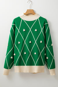 Green Diamond Pattern Pom Pom Accents Mock Neck Sweater