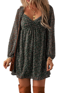 Dark Green Floral Print Sweetheart Neck Shirred Back Mini Dress