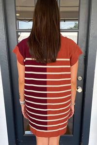 Rust Burgundy Stripe Color Block Quarter Zip Knit Sweater Dress