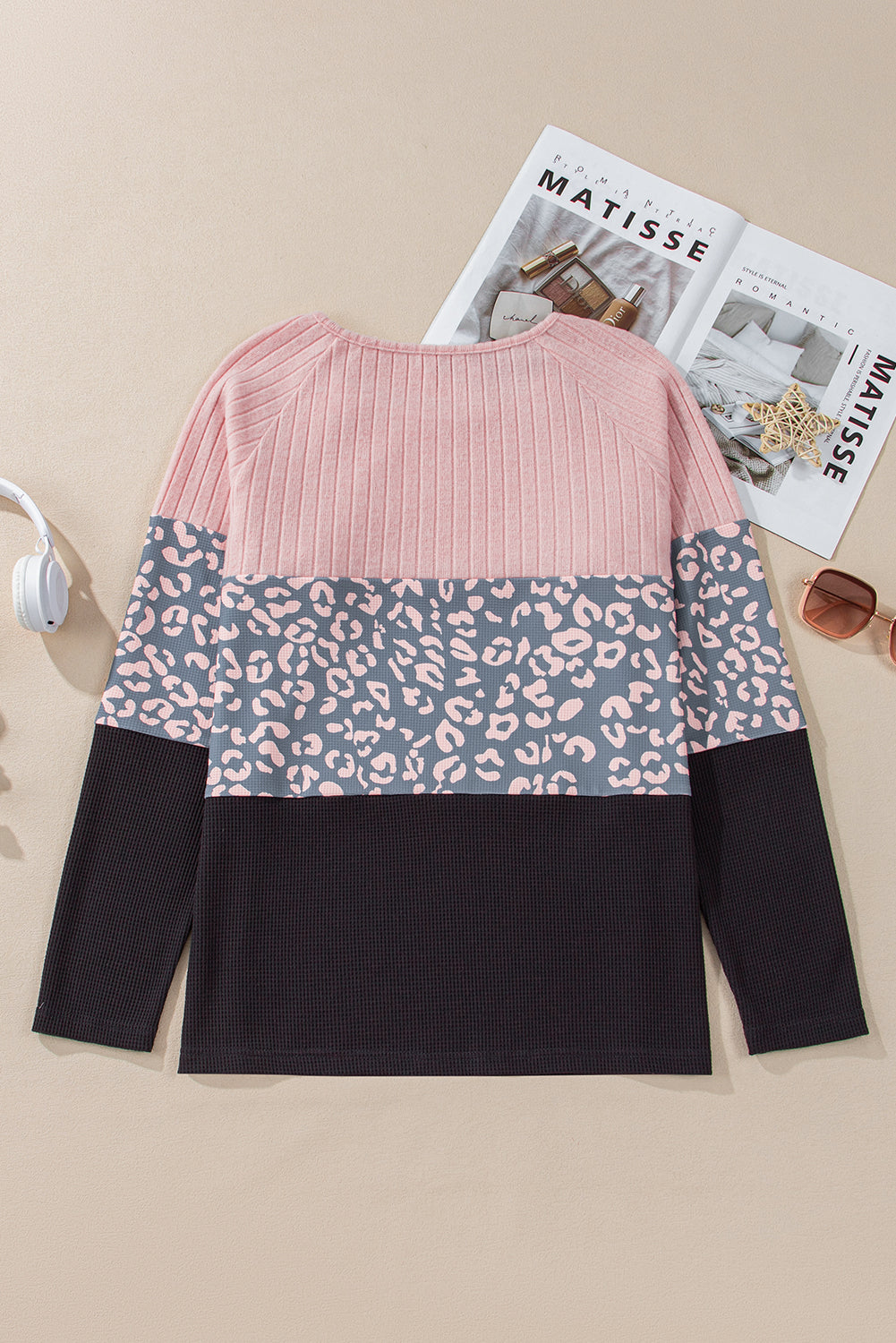 Pink & Gray Cheetah Waffle Knit Color Block Long-sleeve Shirt