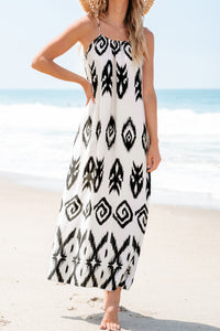 White and Black Western  Aztec Printed Strappy Maxi Sundress