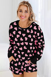 Black Pink Hearts Print Long Sleeve Top Shorts Lounge Set