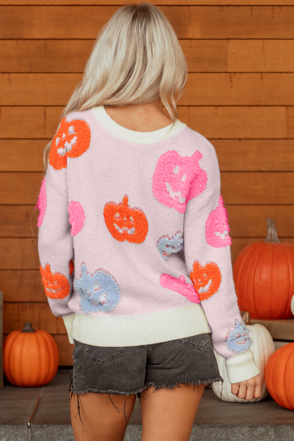 Pink Orange Blue Pumpkin Print Jack-o-lantern Halloween Sweater