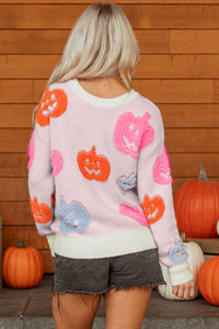 Pink Orange Blue Pumpkin Print Jack-o-lantern Halloween Sweater