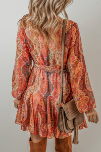 Orange Boho Paisley Print Long Sleeve Pleated Tie Waist Mini Dress