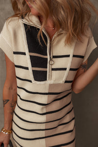 Khaki Black Stripe Color Block Quarter Zip Knit Sweater Dress