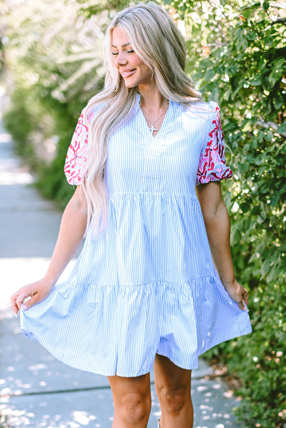 Sky Blue Stripe Embroidered Floral Puff Sleeve Tiered Ruffle Dress with Pockets