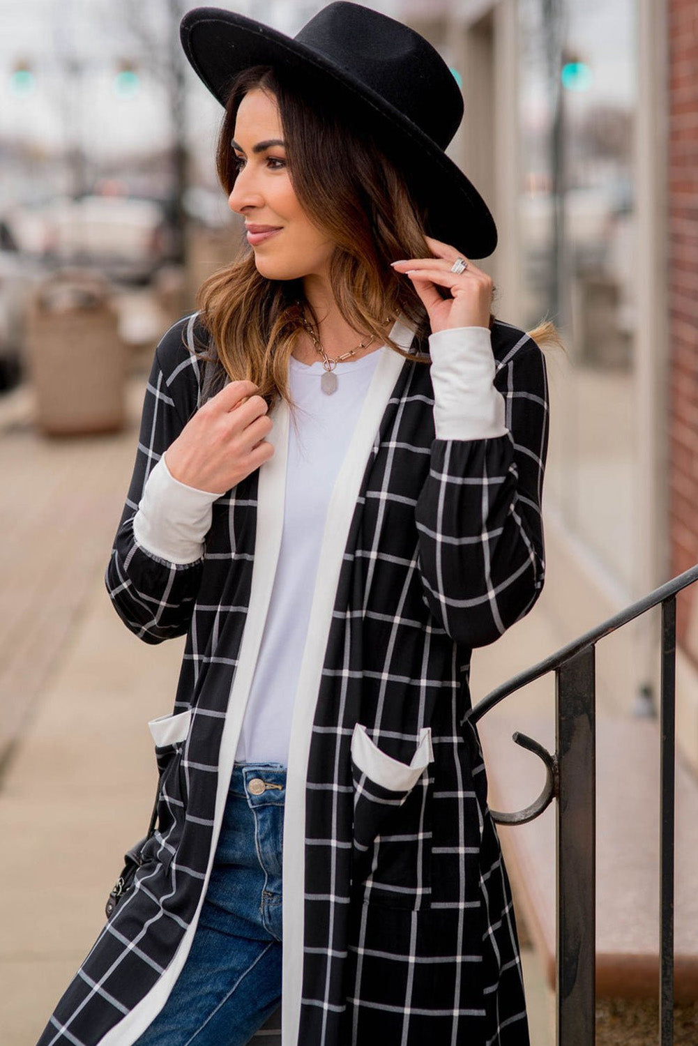 Black Window Pane Plaid Open Knit Cardigan with Pockets