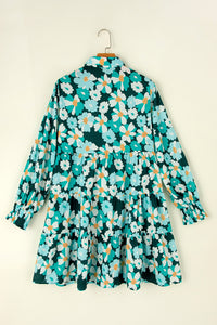 Green Floral Tiered Long Puff Sleeve Button Down Dress