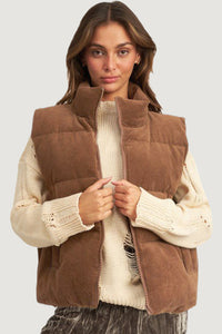 Light Brown Corduroy Stand Up Collar Zipped Puffer Vest