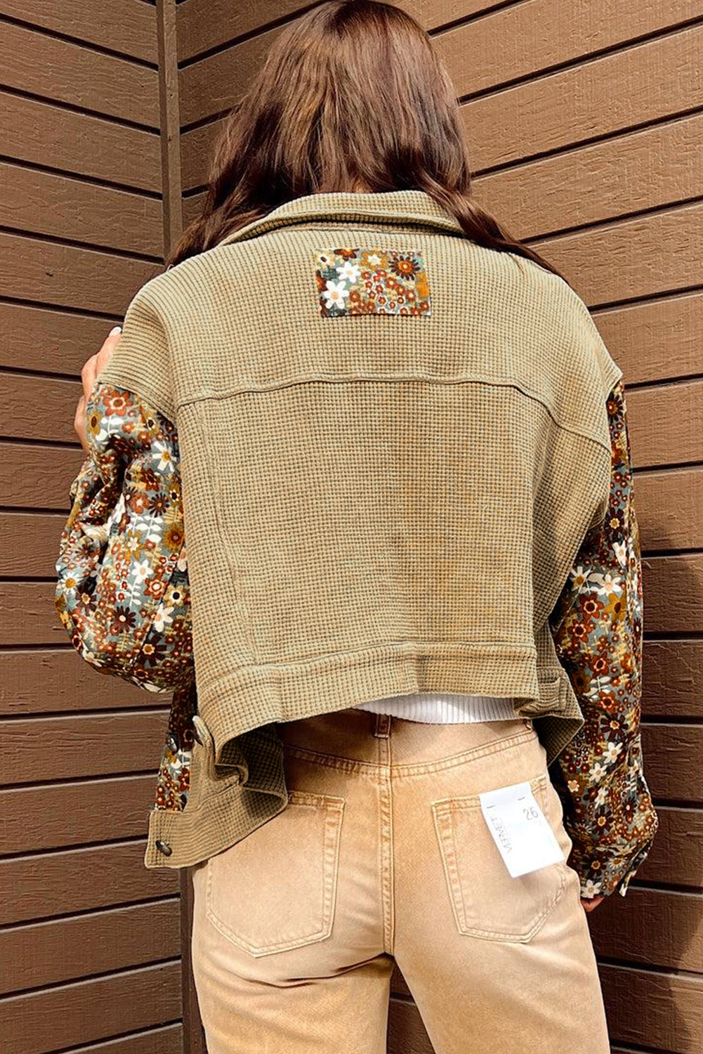 Khaki Fall Floral Color Block Button Up Lightweight Cropped Jacket