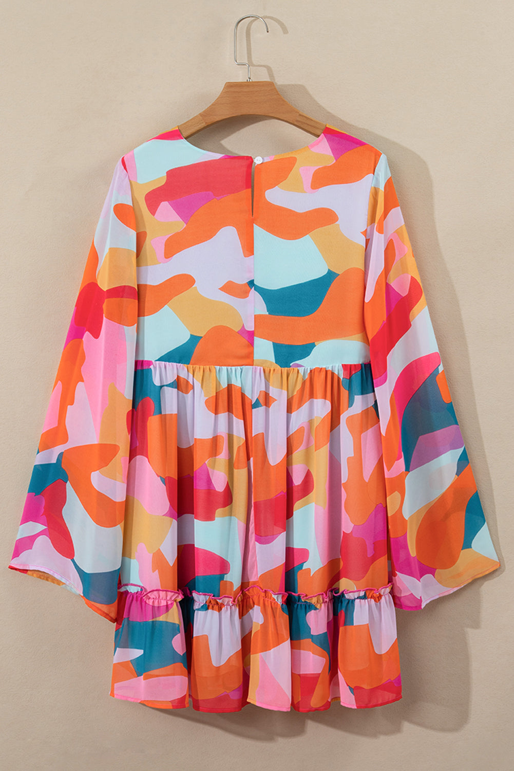 Pink Yellow Orange Abstract Print Bell Sleeve V-Neck Babydoll Dress