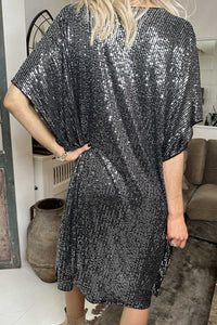 Charcoal Sequin V-Neck Dolman Sleeve Shift Dress