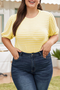 Yellow Striped Textured Puff Sleeve Plus Size Tee
