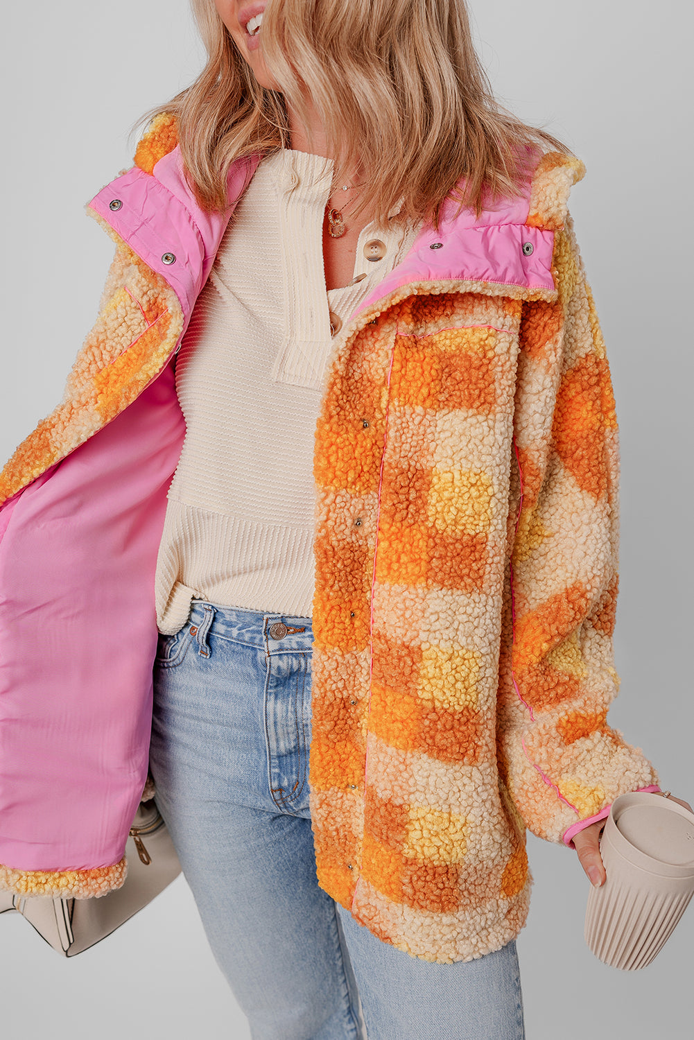 Orange & Yellow Checkered Sherpa Snap Up Pink Lined Hooded Jacket