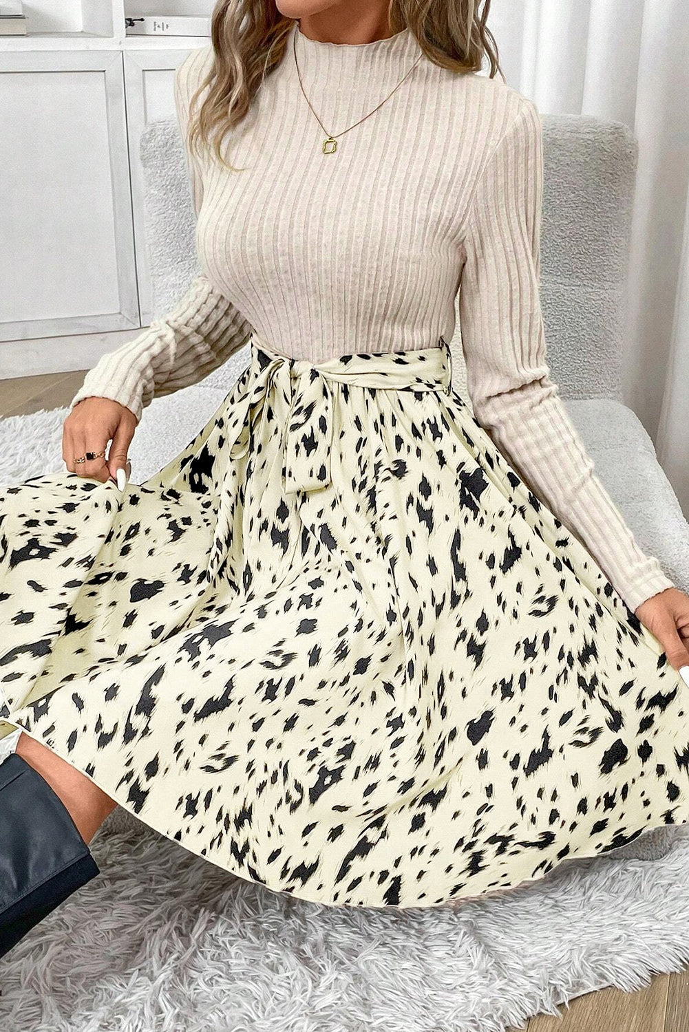 Beige Ribbed Knit Abstract Print Tie Belt A-line Dress