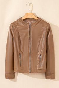 Chestnut Faux Leather Zip Up Slim Fit Bomber Jacket