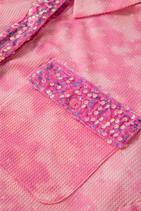 Pink Mineral Wash Sequin Color Block Chest Pocket Waffle Knit Shacket