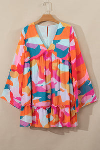 Pink Yellow Orange Abstract Print Bell Sleeve V-Neck Babydoll Dress