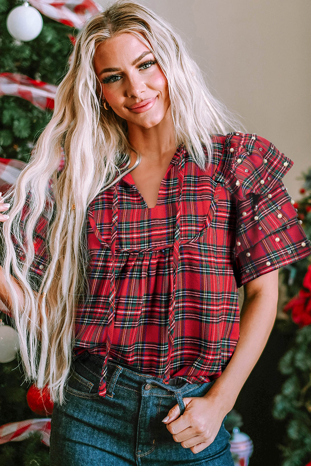Red Plaid Pearl Rhinestone Ruffled Short Sleeve V-Neck Tie Blouse