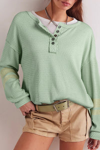 Sage Drop Shoulder Stripe Sleeve Textured Henley Top