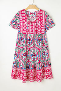 Fuchsia Pink Bohemian Print Tie Neck Ruffled Mini Dress