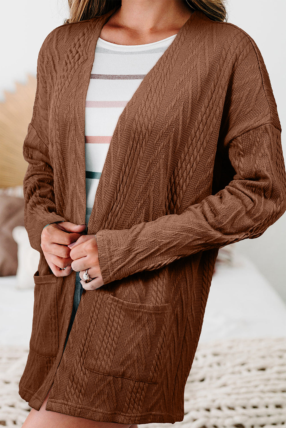 Brown Textured Open Front Cardigan with Pockets