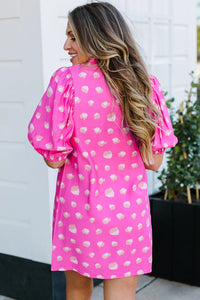 Bright Pink Spotted Print Half Puff Sleeve Flowy Dress