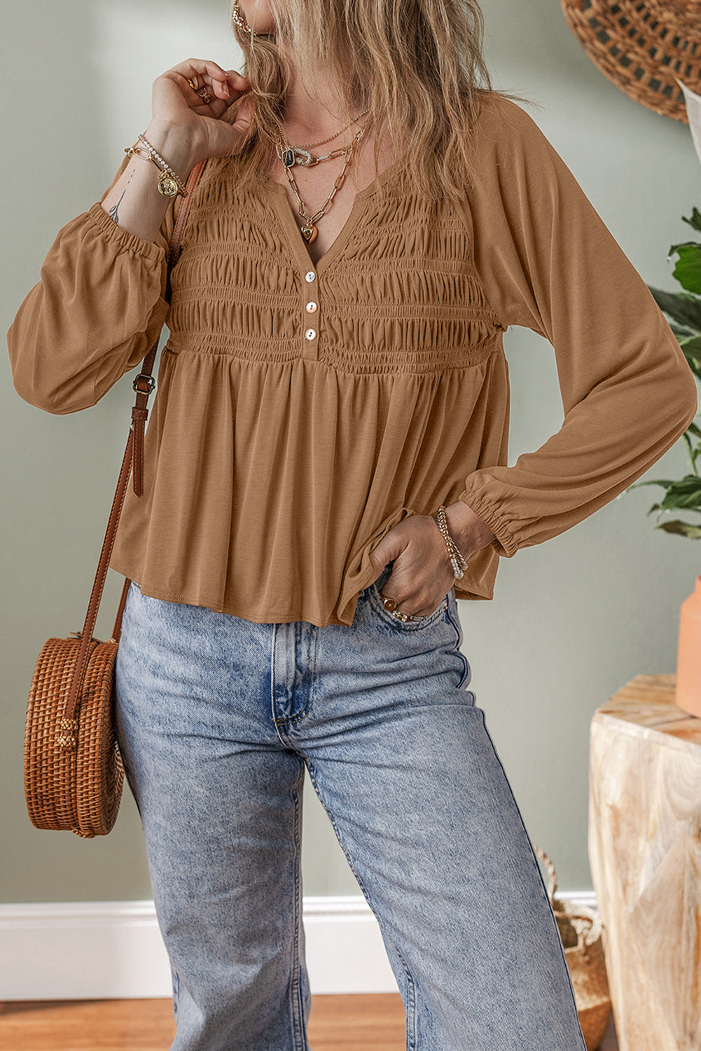 Dark Beige Smocked Split Buttoned V-Neck Babydoll Blouse