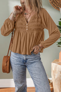 Dark Beige Smocked Split Buttoned V-Neck Babydoll Blouse