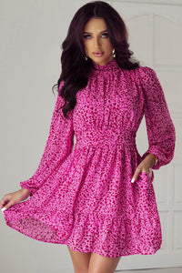 Dark Pink Leopard Long Sleeve High Neck Tie Back Ruffled Dress