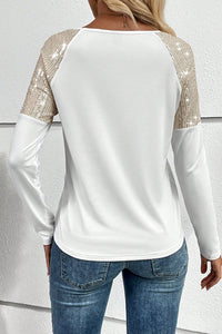 White with Gold Sequin Color Block Raglan Long Sleeve Top