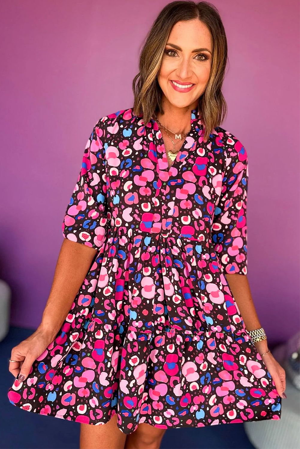 Pink Abstract Print V-Neck Collared Half Sleeve Cotton Shift Dress