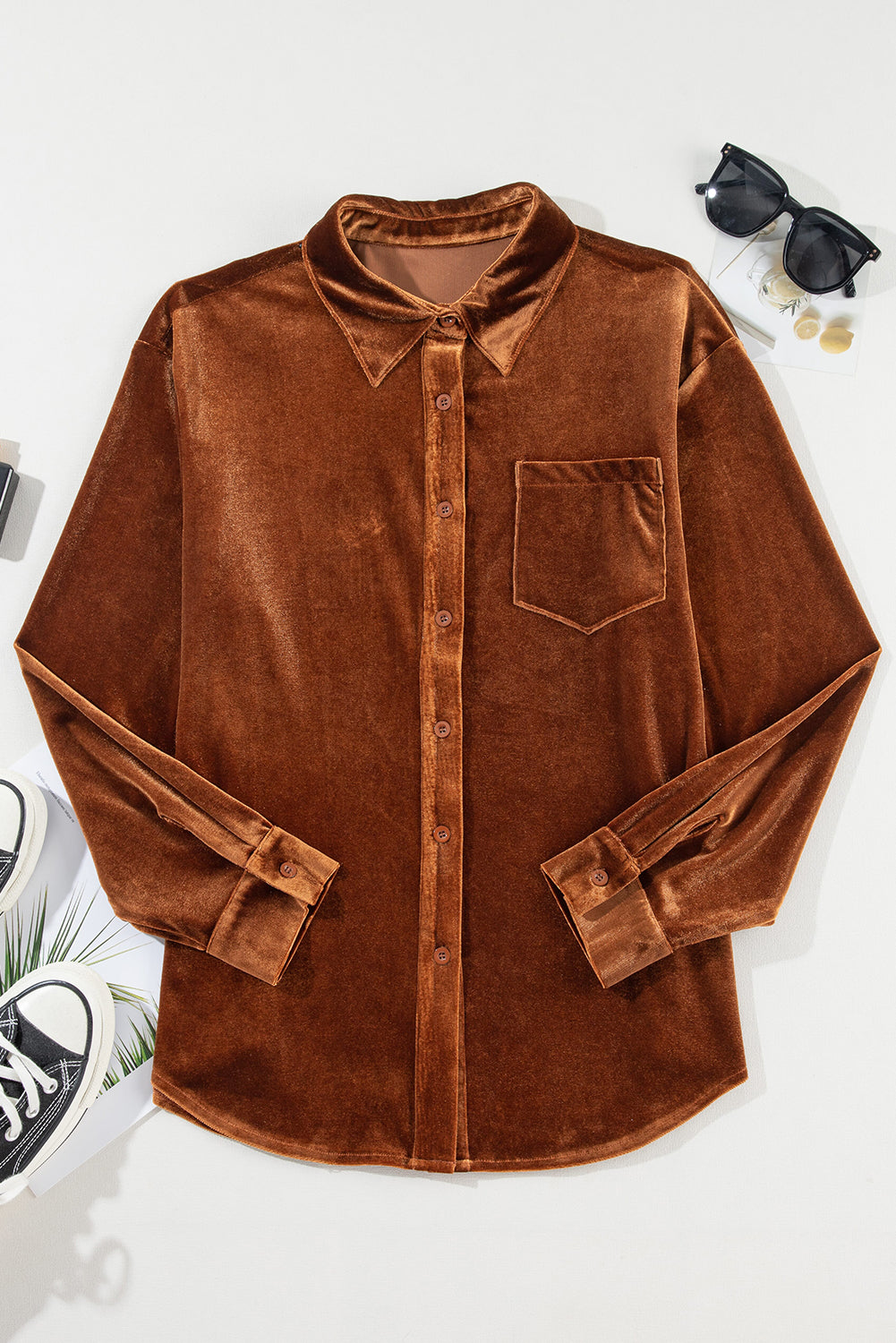 Chestnut Brown Button Down Chest Pocket Velour Loose Shirt