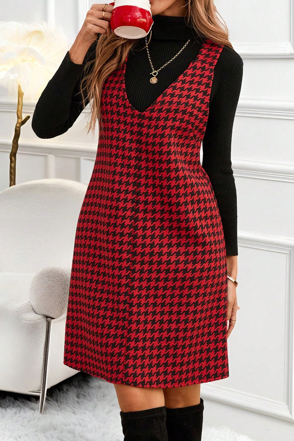 Houndstooth V-Neck Sleeveless Mini Dress