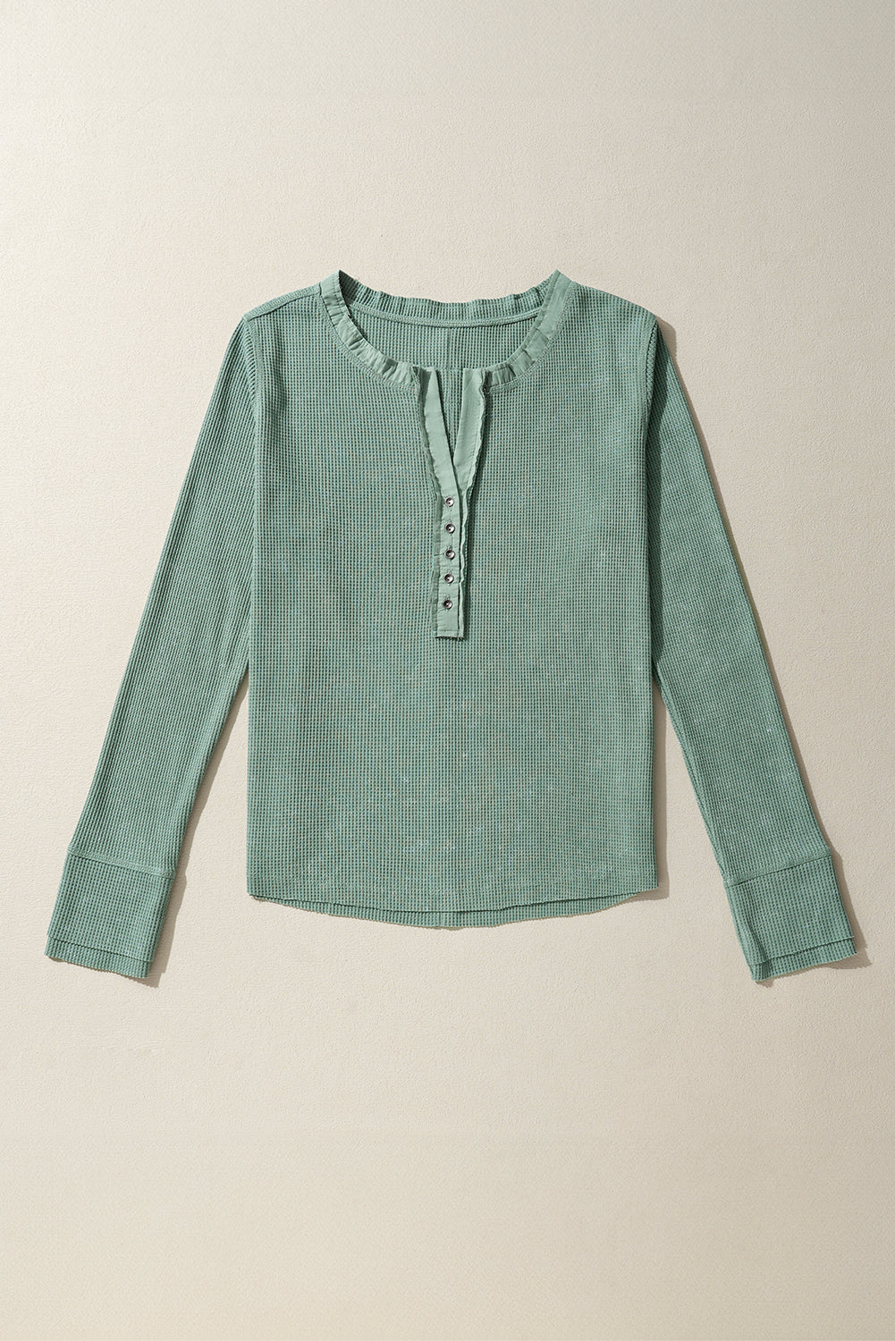 Smoke Green Distressed Waffle Knit Long Sleeve Henley