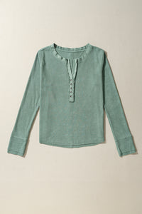 Smoke Green Distressed Waffle Knit Long Sleeve Henley