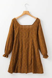 Chestnut Brown Buttoned Lace Square Neck Shift Mini Dress