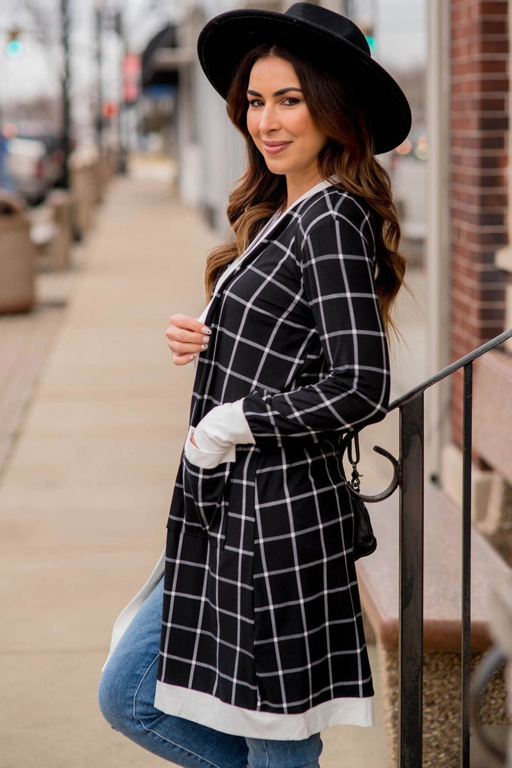 Black Window Pane Plaid Open Knit Cardigan with Pockets