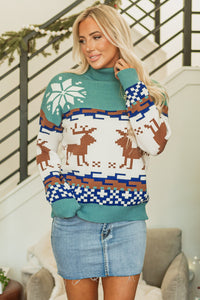 Teal Christmas Reindeer Snowflake Turtleneck Sweater