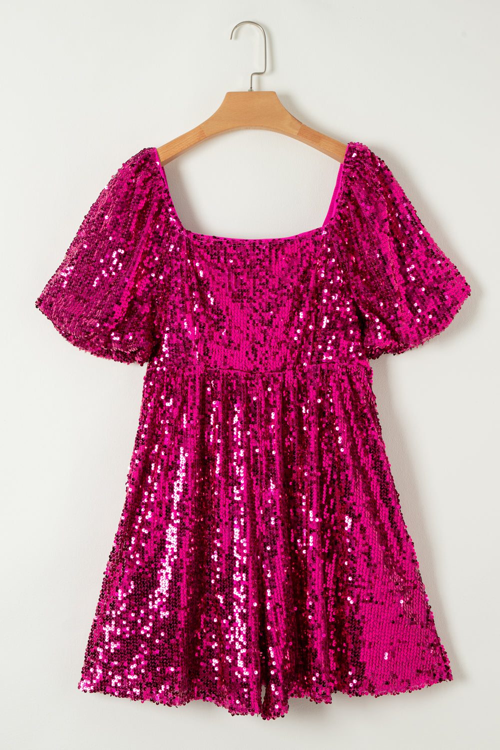 Bright Fuchsia Pink Short Puff Sleeve Sequin Romper