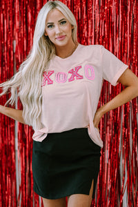 Pink Valentines Day Embossed XOXO Graphic T-shirt