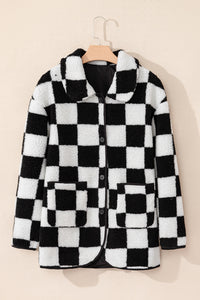 Black and White Checkered Button Up Collard Fleece Coat