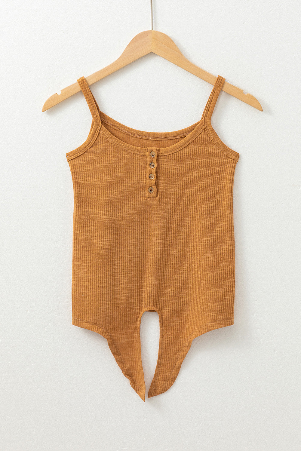 Warm Mustard Ribbed Front Tie Button Strappy Tank
