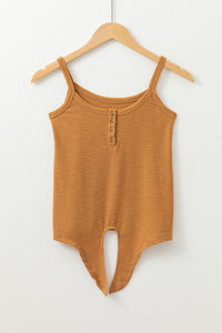 Warm Mustard Ribbed Front Tie Button Strappy Tank