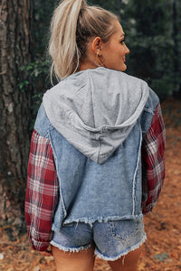 Raw Hem Denim Hooded Button Up Jacket with Red Plaid Sleeves